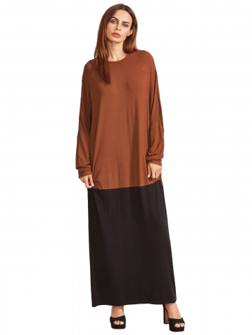 Color Block Round Neck Long Sleeve Maxi Dress