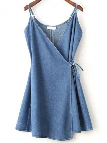 Blue Wrap Cami Dress With Tie Detail