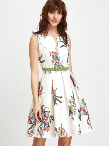 White Floral Sleeveless Open Back A Line Dress