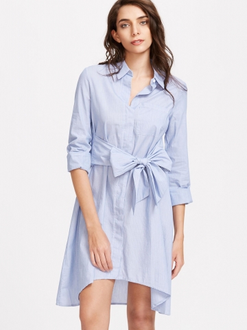 Blue Bow Tie Front High Low Shirt Dress