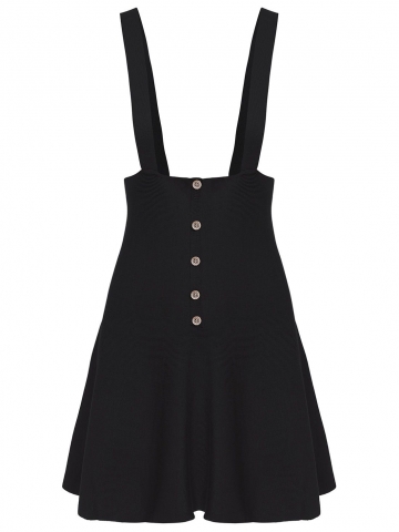 Strap Buttons Flare Black Dress