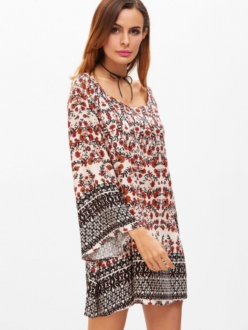 Multicolor Floral Print Kimono Sleeve Tunic Dress