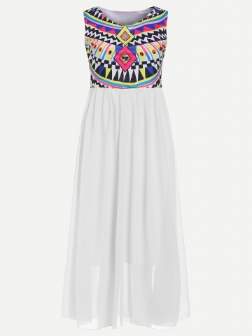 White Geometric Print Sleeveless Dress