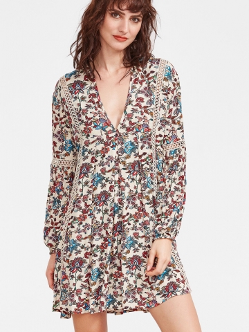 Multicolor Floral Print V Neck Crochet Insert Dress