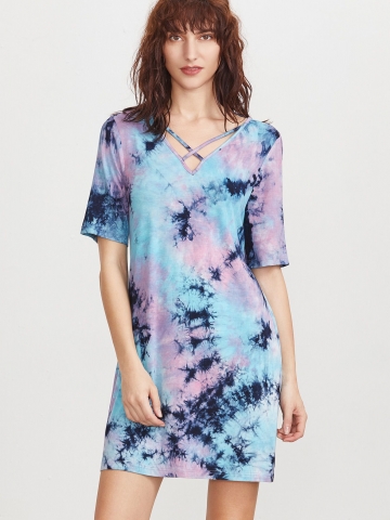 Multicolor Tie Dye Print Crisscross V Neck Tee Dress