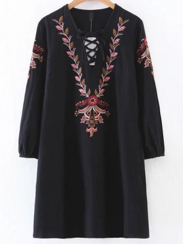 Black Embroidery Detail Lace Up V Neck Dress