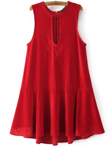 Red Keyhole Zipper Back Drop Waist Velvet Dress