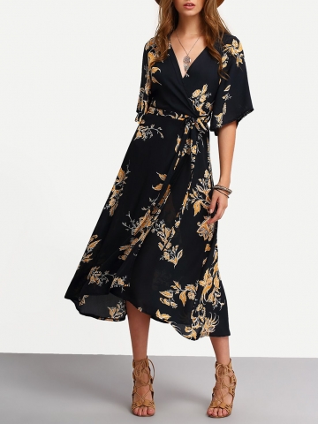 V Neck Florals Wrap Dress