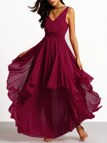 Burgundy Deep V Neck Maxi Chiffon Dress