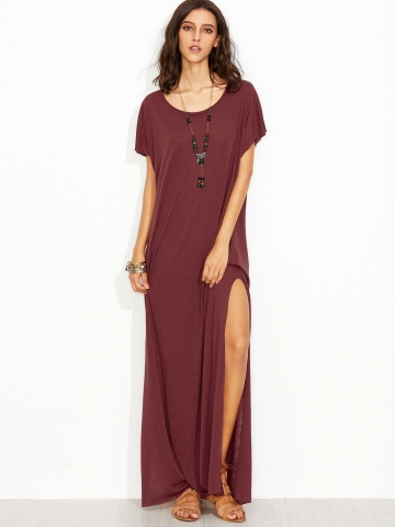 Burgundy Side Slit Loose Fit Maxi Tee Dress