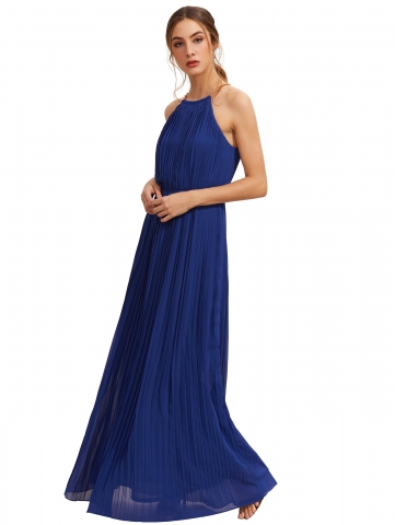 Light Blue Evening Sleeveless Halterneck Pleated Infinity Maxi Dress