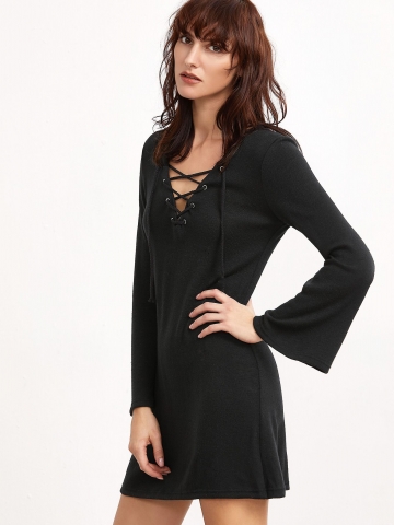 Deep V Neck Bell Sleeve Lace Up Front Dress