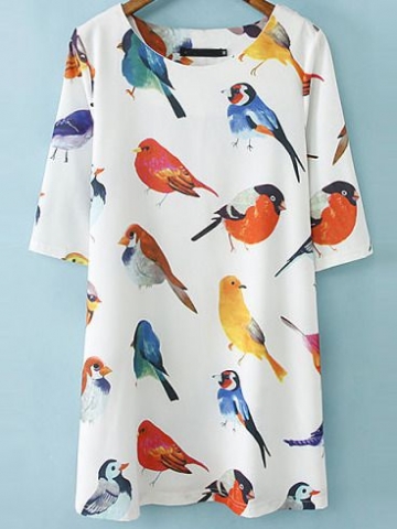 White Half Sleeve Birds pattern Random  Loose Dress