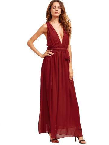 Red Deep V Neck Self-tie Waist Maxi Dress