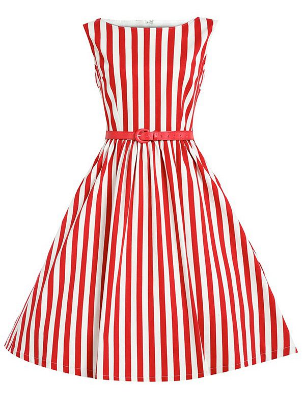 Red Vertical Striped Flare Dress With Belt