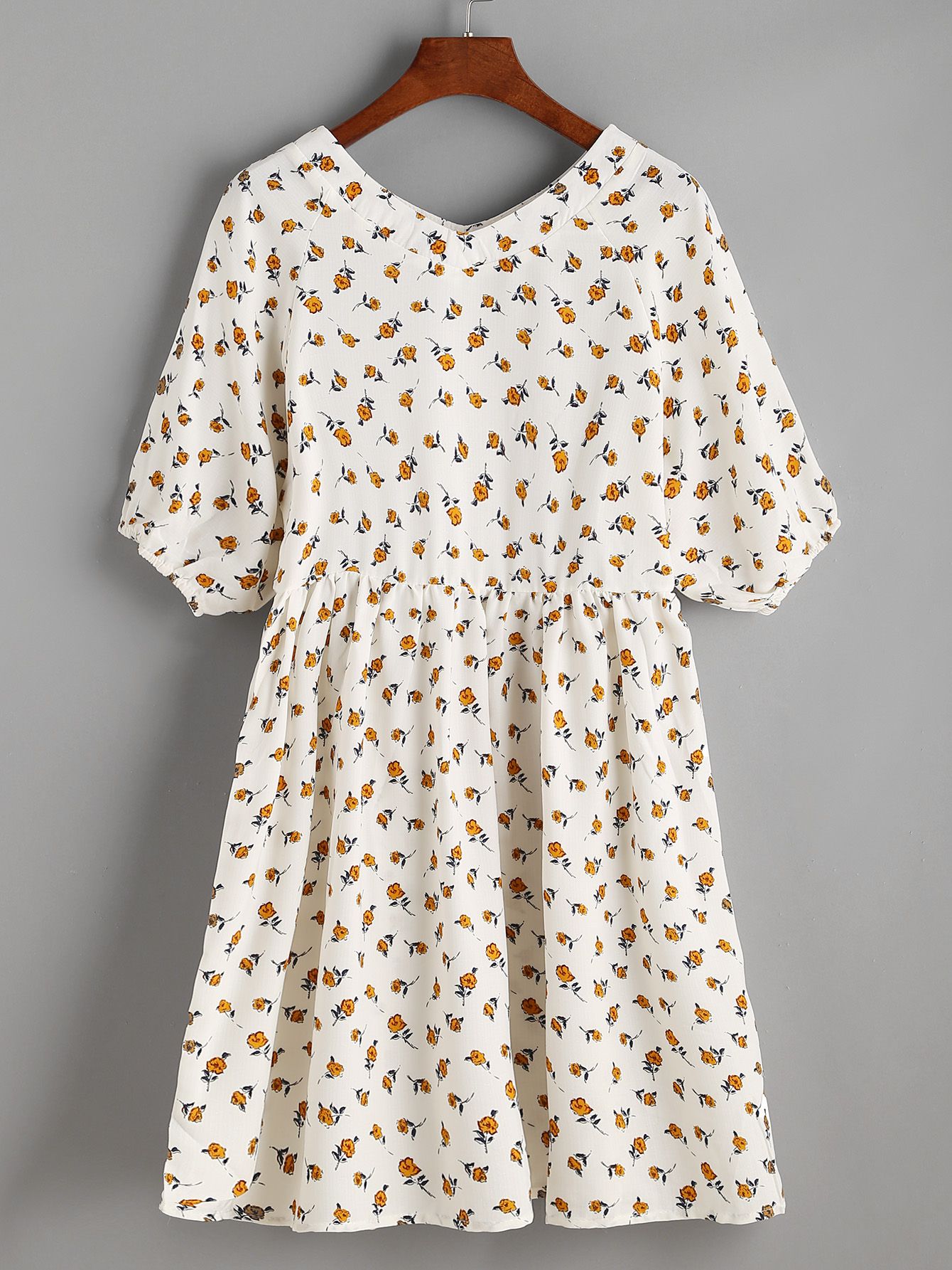 Beige Floral Print V Neck Lantern Sleeve Dress