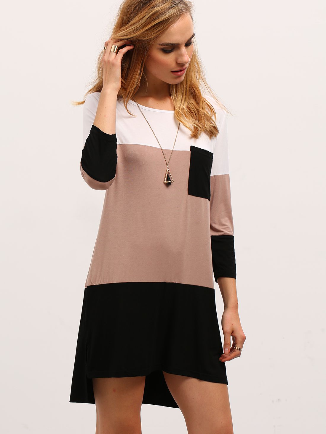 Black White Color Block Pockets Dress