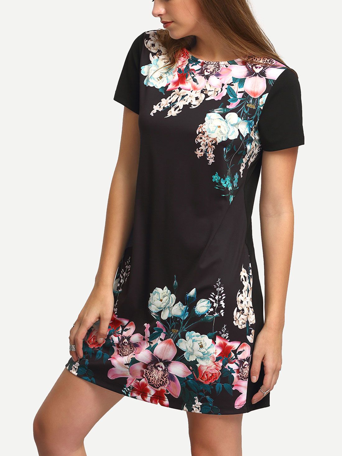 Black Round Neck Floral Print Vintage Dress