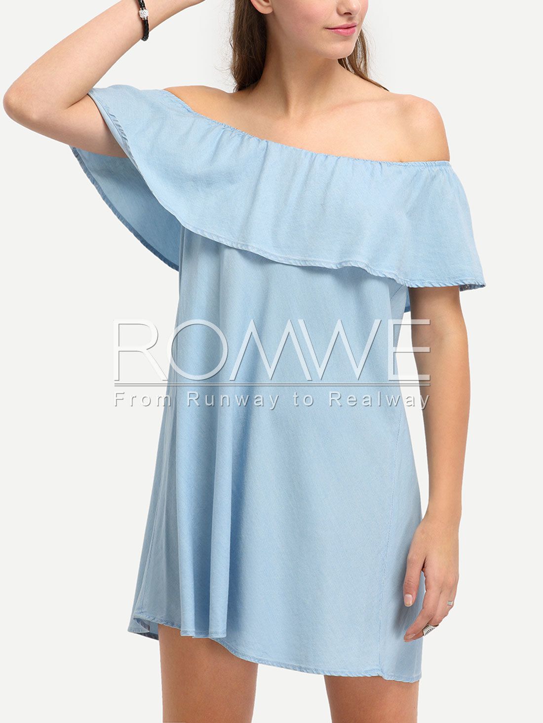 Light Blue Denim Off The Shoulder Ruffle Shift Dress