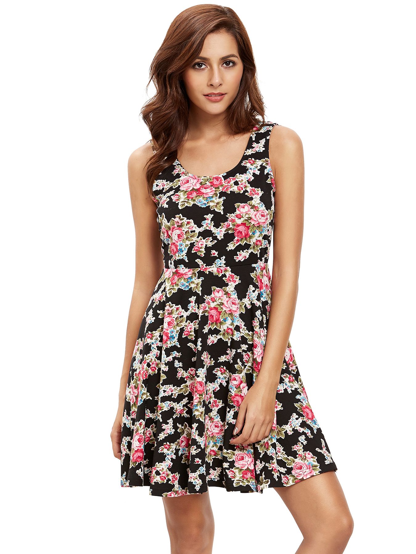 Black Pink Sleeveless Skater Dress