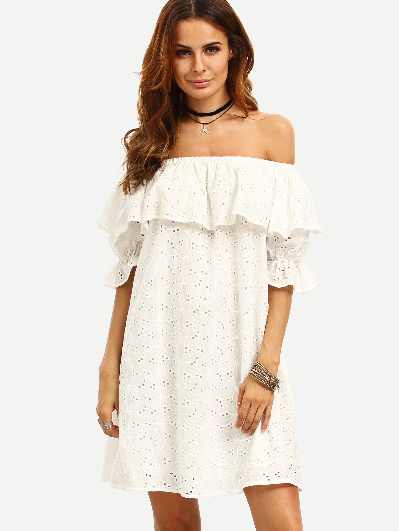 White Ruffle Off The Shoulder Shift Dress