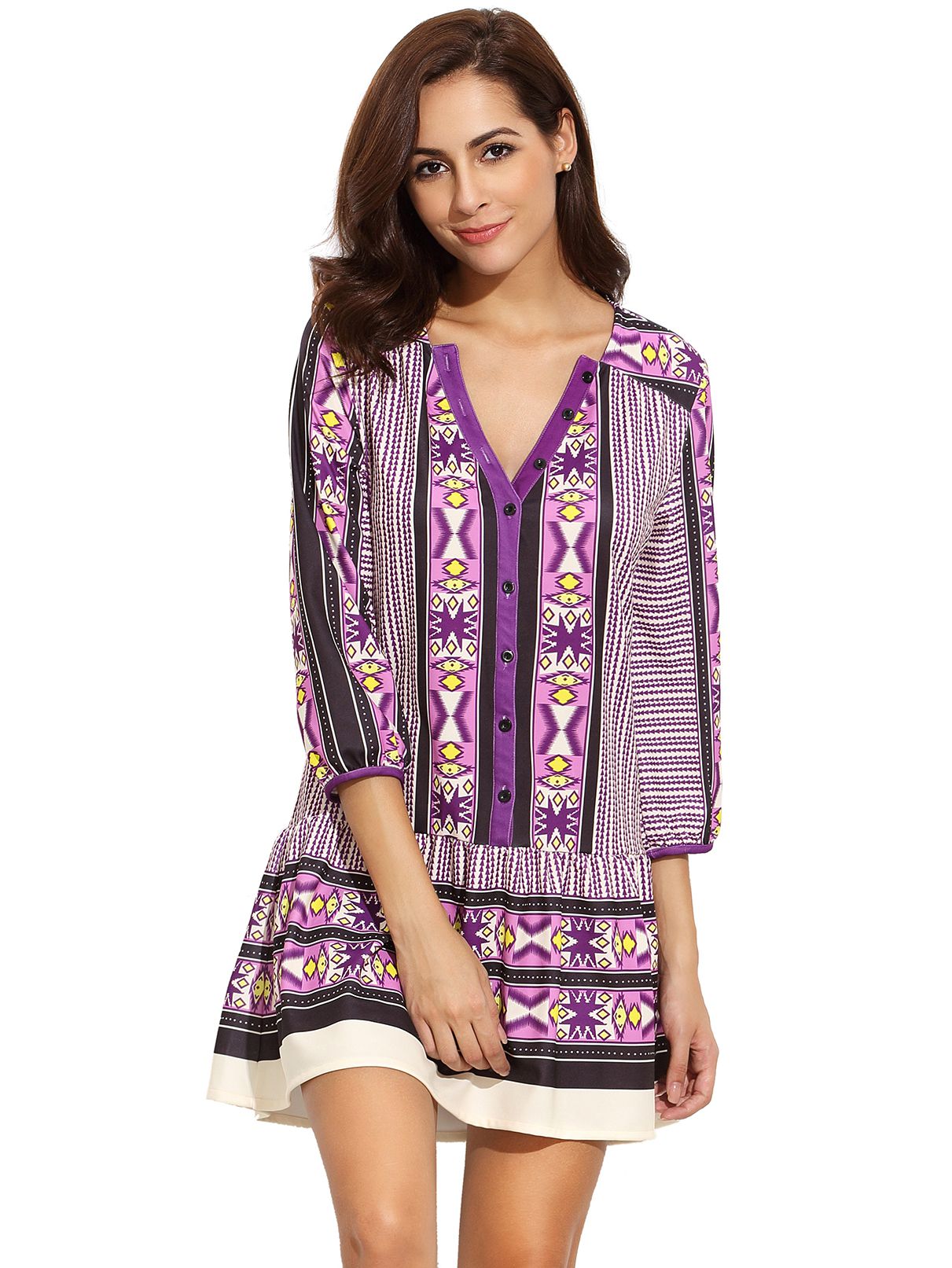 Purple V Neck Vintage Print Dress