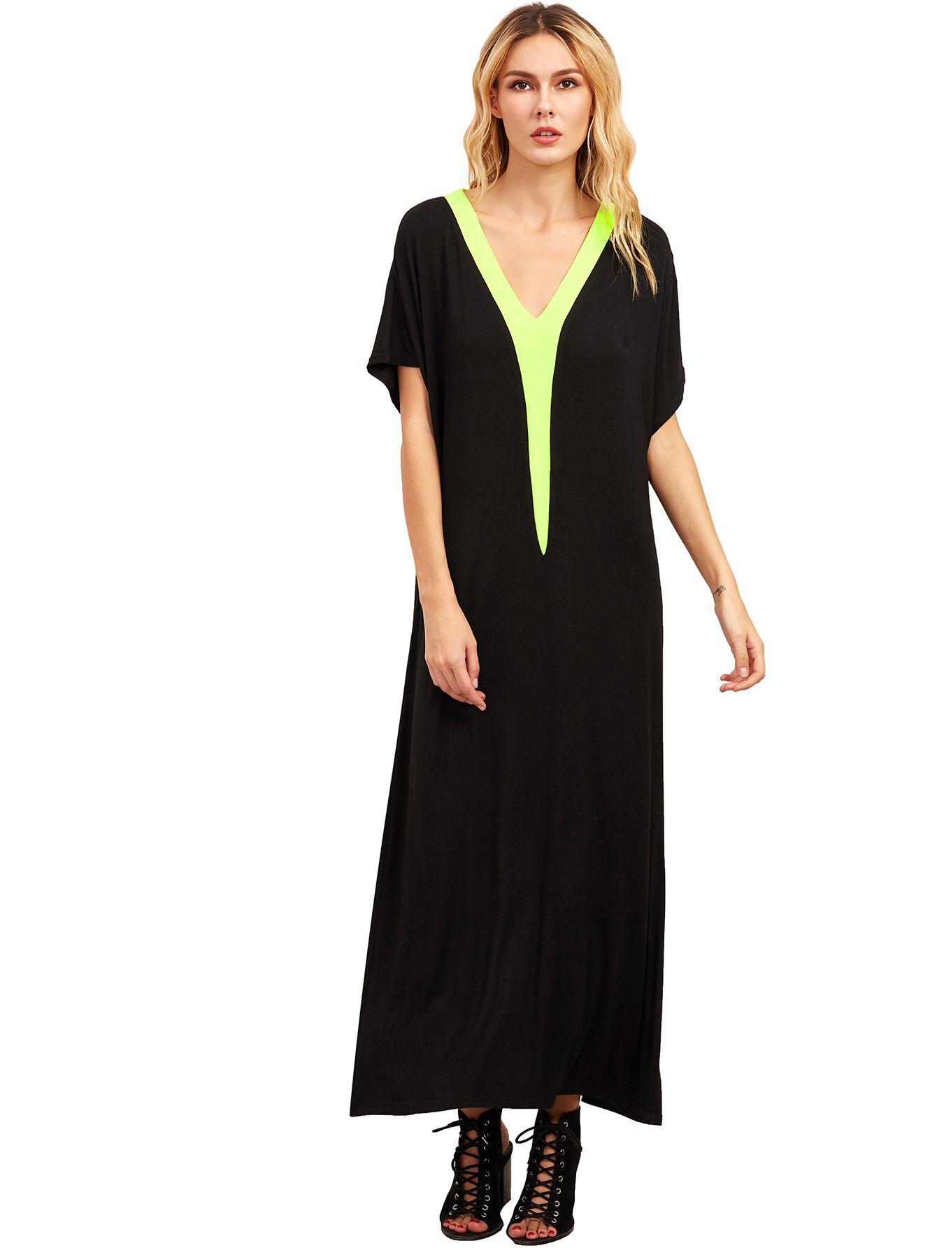 Black V Neck Short Sleeve Shift Maxi Dress