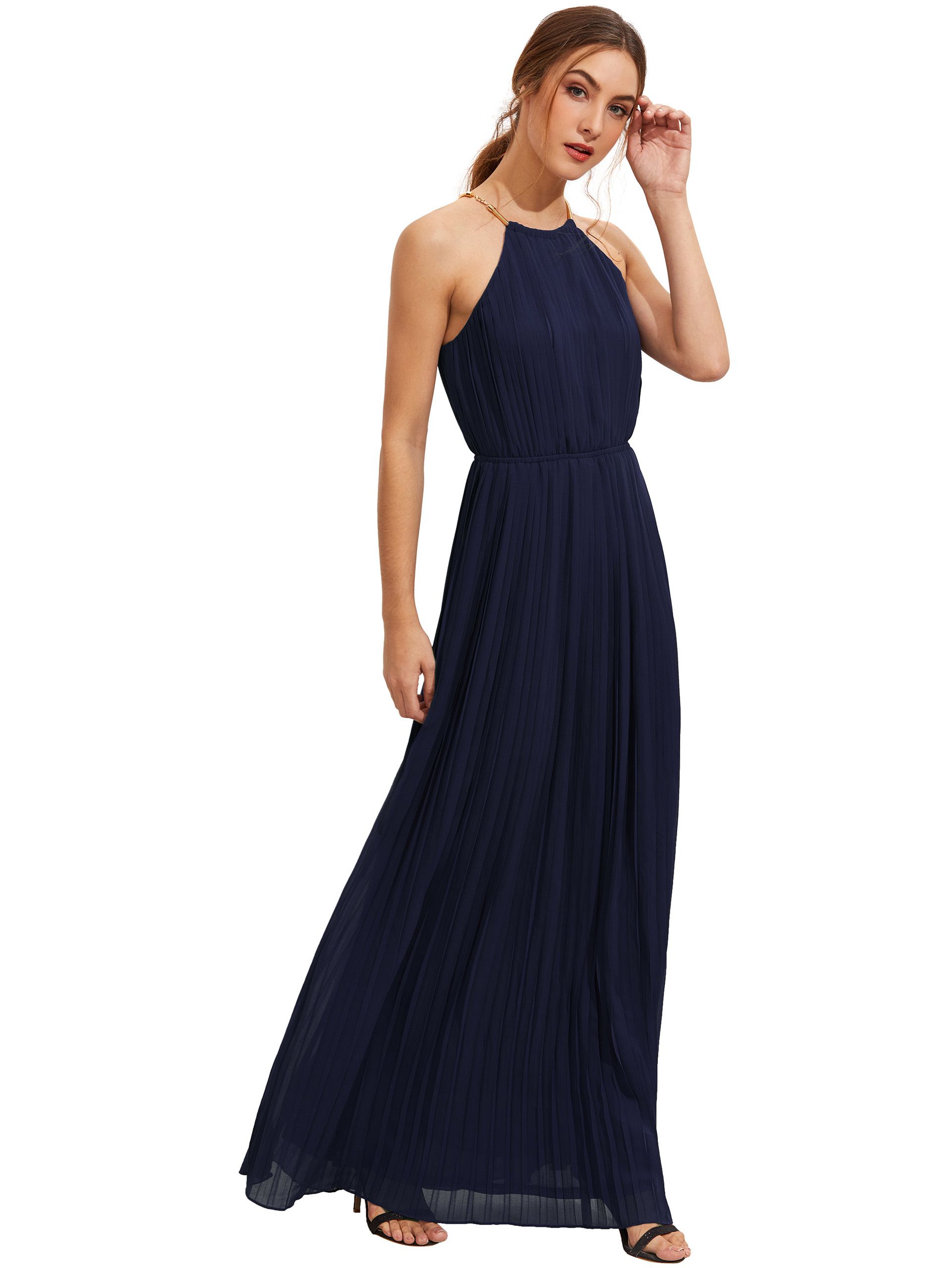 Navy Evening Sleeveless Halterneck Pleated Infinity Maxi Dress