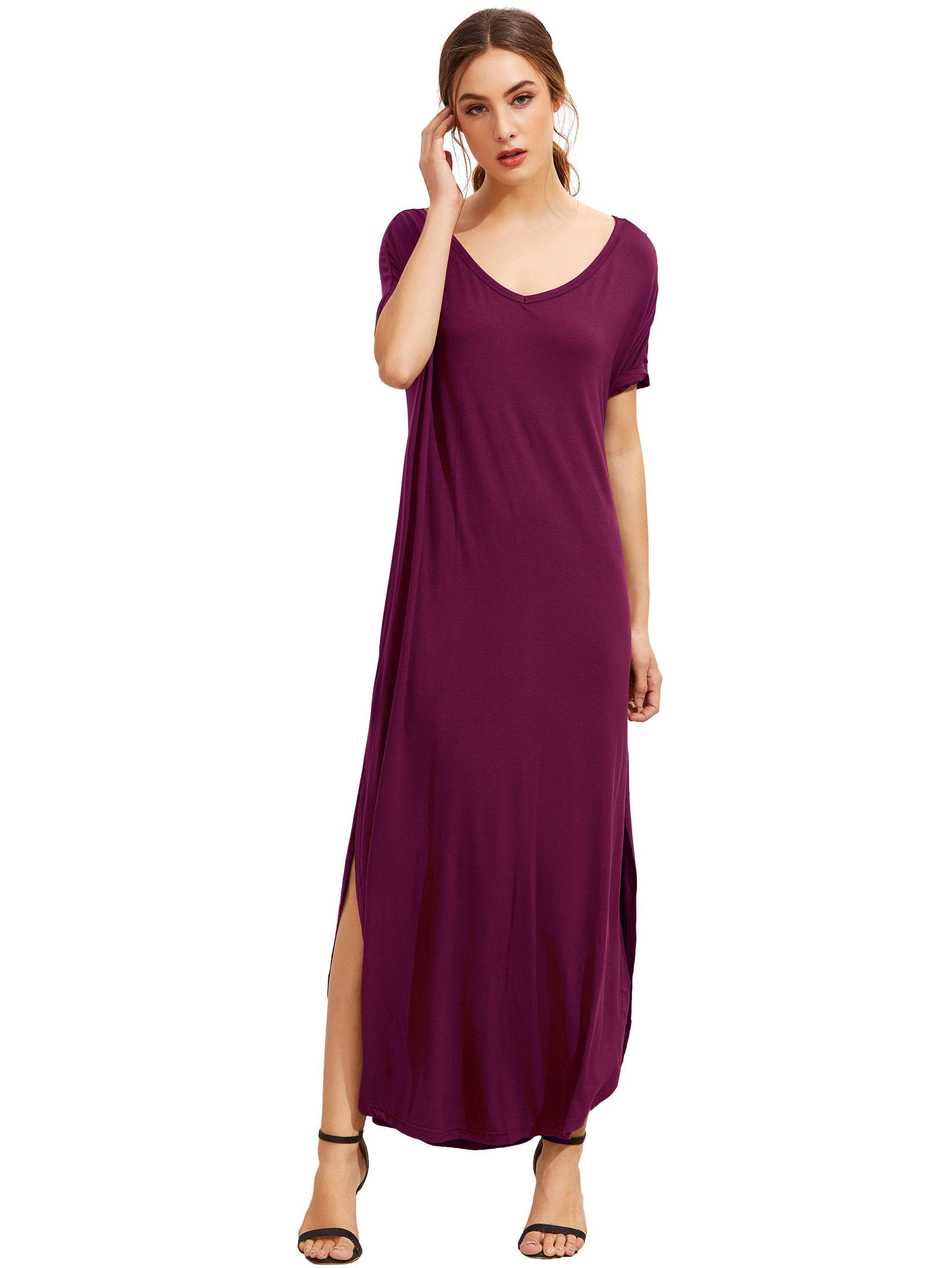 Purple Short Sleeve Pocket Split Side Dress