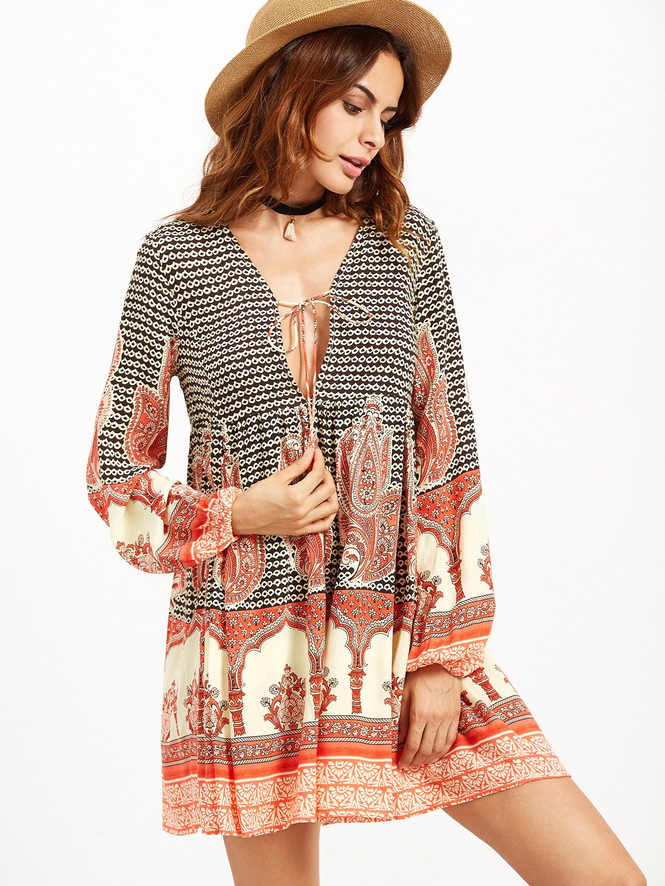 Tribal Print Deep V Neck Lace Up Dress