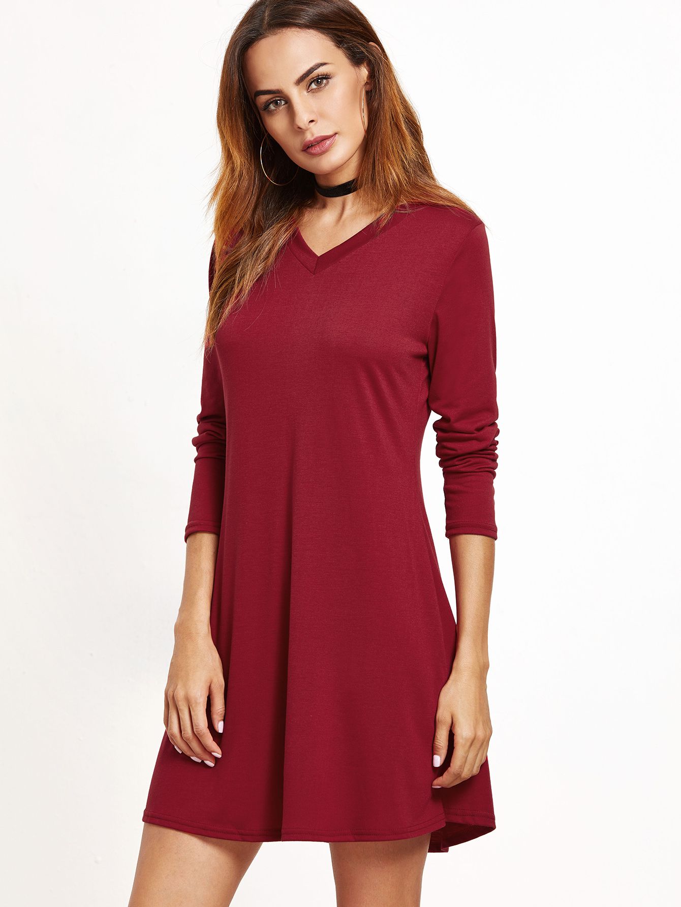 Burgundy V Neck Tee Dress