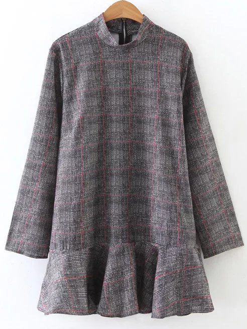 Grey Plaid Band Collar Drop Waist Dress