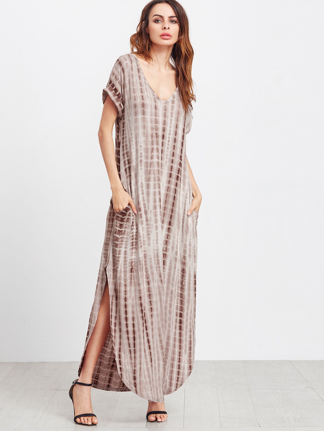 Coffee Tie Dye Print Split Curved Hem Maxi Dress