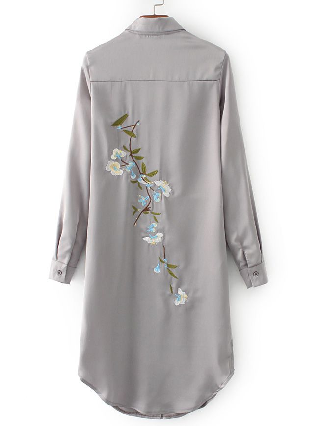 Grey Embroidered Back Slit Side Shirt Dress